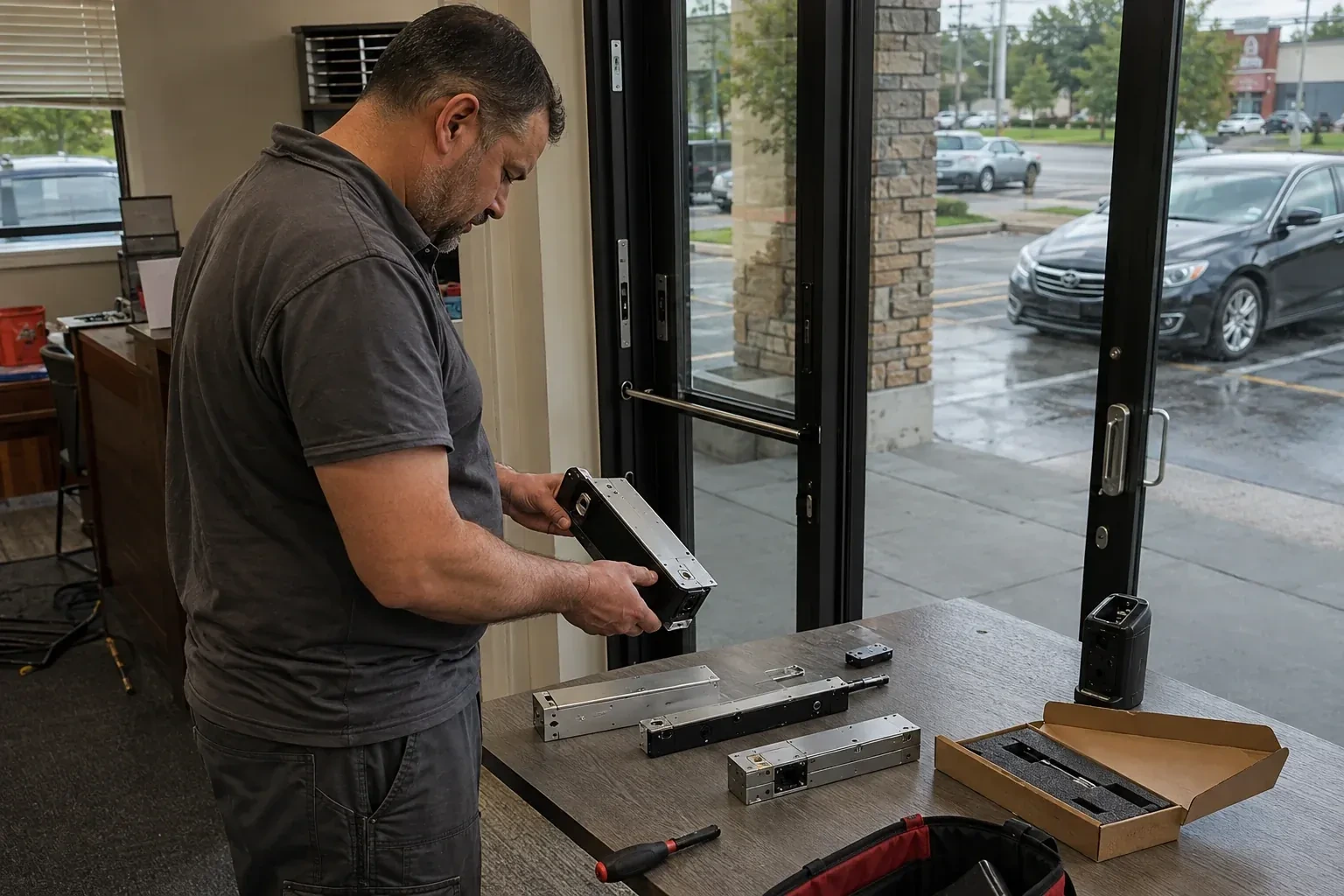 Person holding a rectangular door-hardware housing at a table with additional metal assemblies beside a glass entrance. — Access Control Installation, Milton