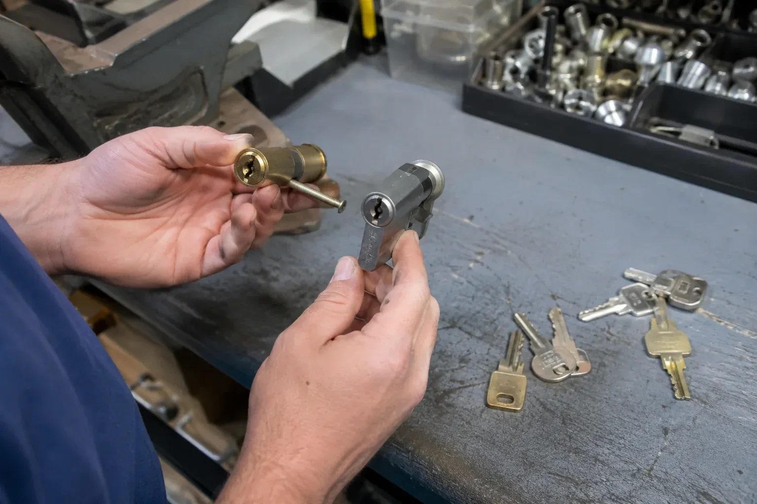 Hands comparing detached lock cylinders beside loose keys on a workbench. — Broken Key Extraction, Milton