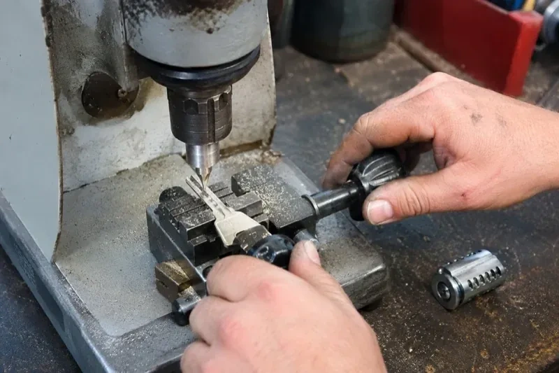 Hands operating a bench-mounted machine with a key clamped beneath a vertical cutter and a loose lock cylinder nearby. — Car Key Replacement, Milton