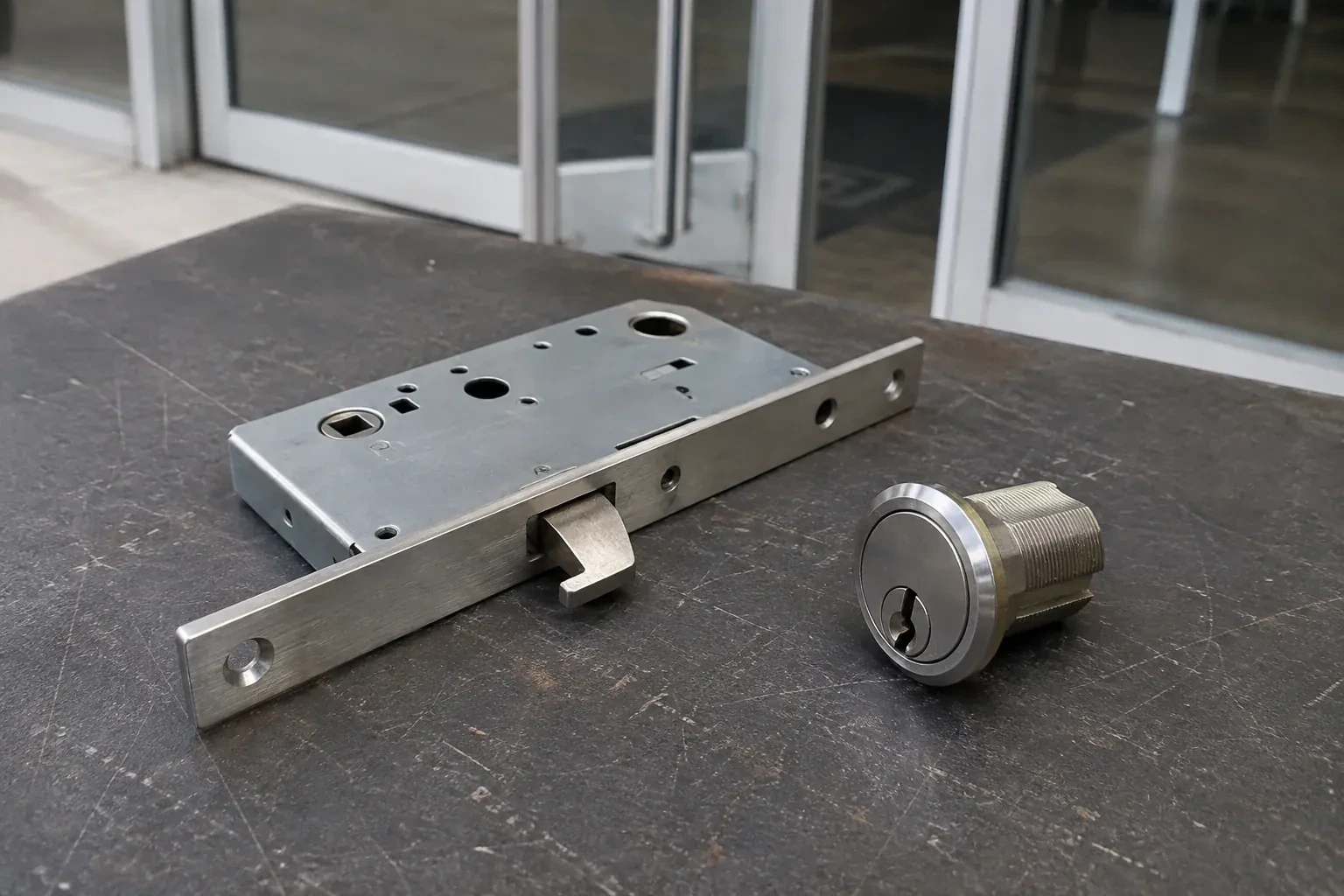 Detached mortise lock body with a projecting hook-shaped bolt beside a threaded cylinder. — Commercial-Grade Lock Replacement, Milton