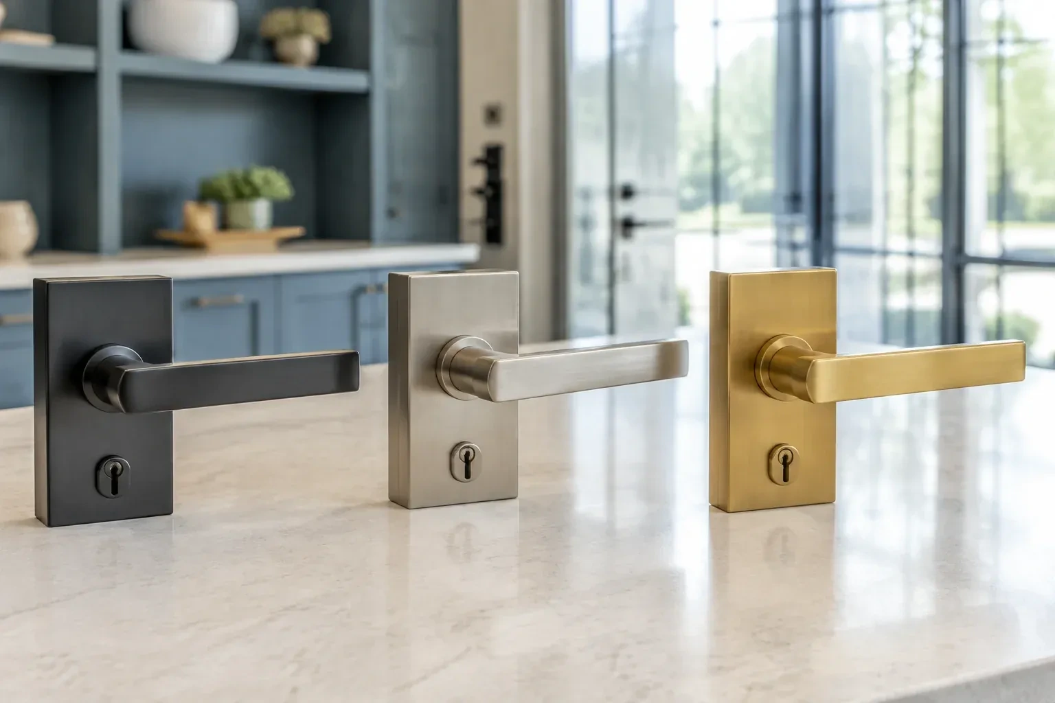 Three rectangular door-handle sets with keyholes in black, silver-colored and gold-colored finishes standing on a countertop. — Commercial Rekeying, Milton