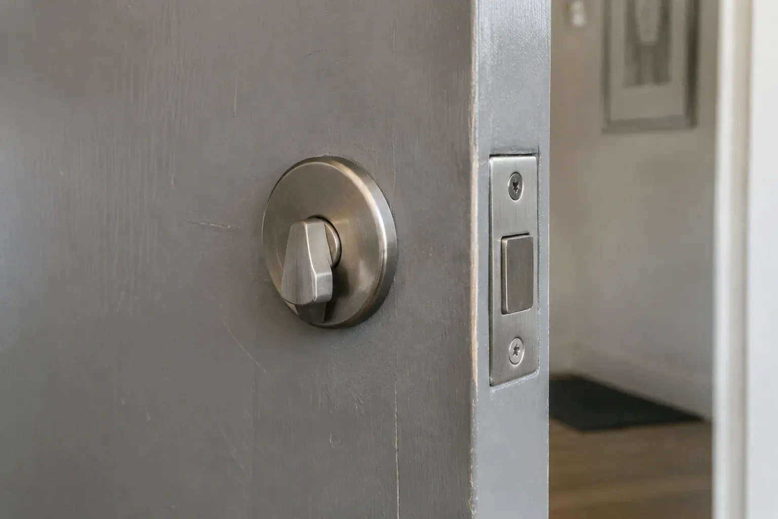 Close view of a satin-nickel deadbolt thumbturn and edge faceplate on a painted timber door. — Deadbolt Installation, Milton