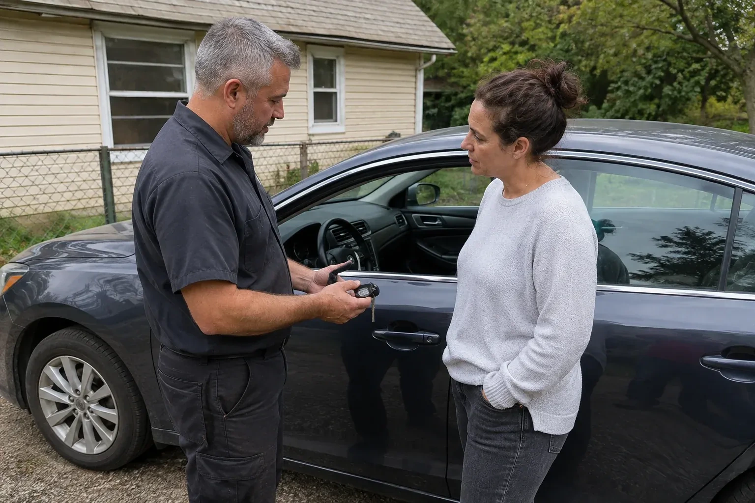 Two people standing beside a car with its window lowered, one holding a key and black key fob. — Ignition Lock Repair, Milton