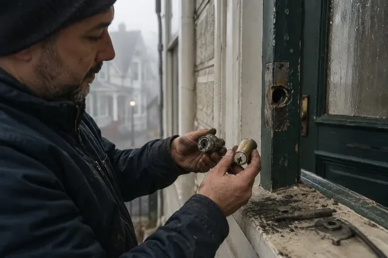 Person holding two lock cylinders beside an open painted door, with loose hardware and debris on the sill. — Seized & Jammed Lock Opening, Milton