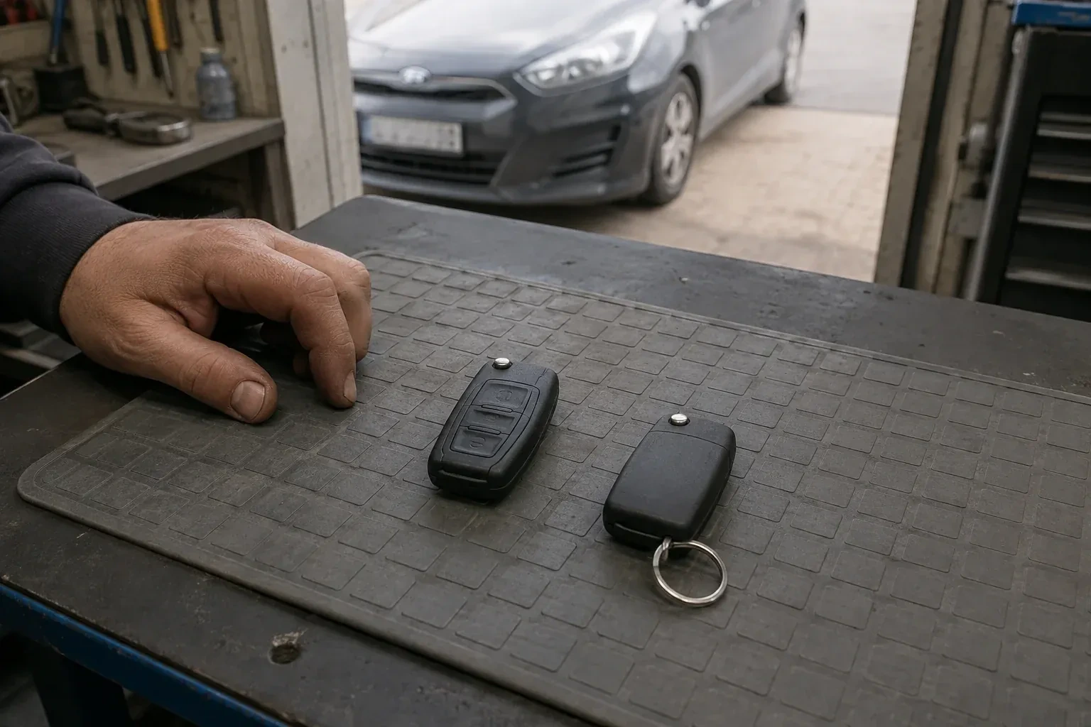 Two vehicle remote fobs on a work mat beside a technician’s hand, with a parked car beyond. — Key Fob Programming, Milton