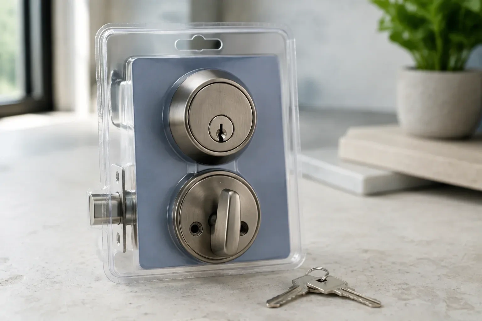 A silver-colored deadbolt set in clear packaging with two keys resting on the countertop in front. — Lock Rekeying, Milton