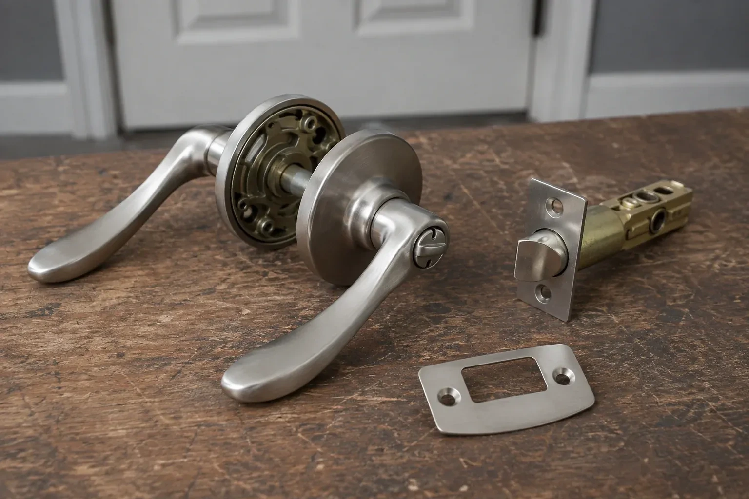 Detached satin-nickel lever hardware, tubular latch and strike plate on a wooden workbench. — Lock Replacement & Upgrade, Milton