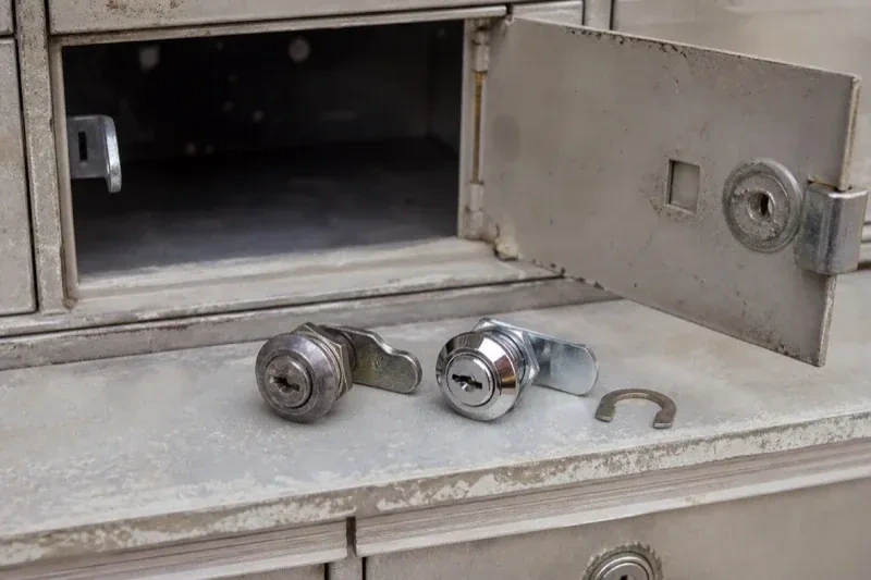 Two loose cam locks and a retaining clip resting below an open metal mailbox compartment. — Mailbox Lock Replacement, Milton