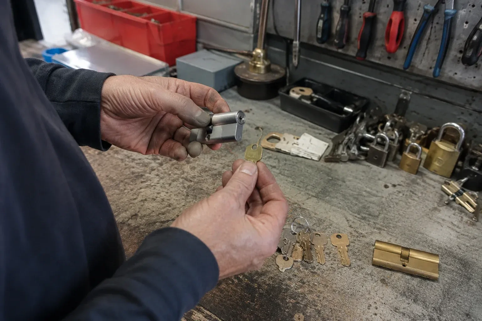 Hands holding a silver-colored lock cylinder and a brass-colored key above a workbench with padlocks, keys and tools. — Master Key System Design, Milton