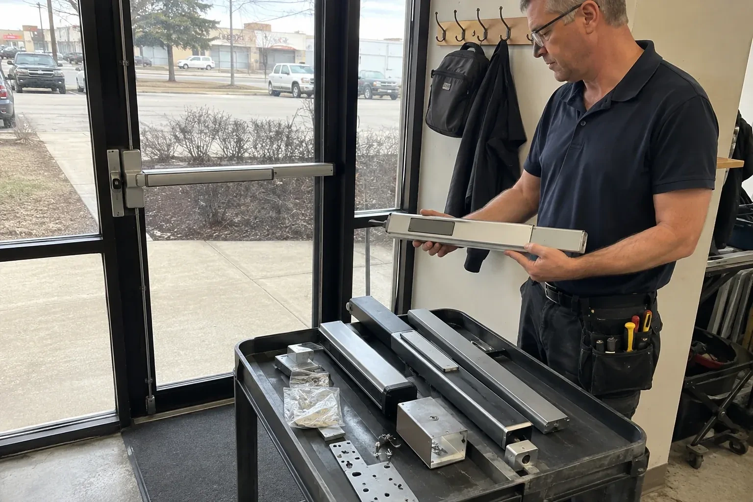 Person holding a long metal door-hardware assembly beside a cart of similar parts and a glass door fitted with a push bar. — Panic & Exit Hardware, Milton