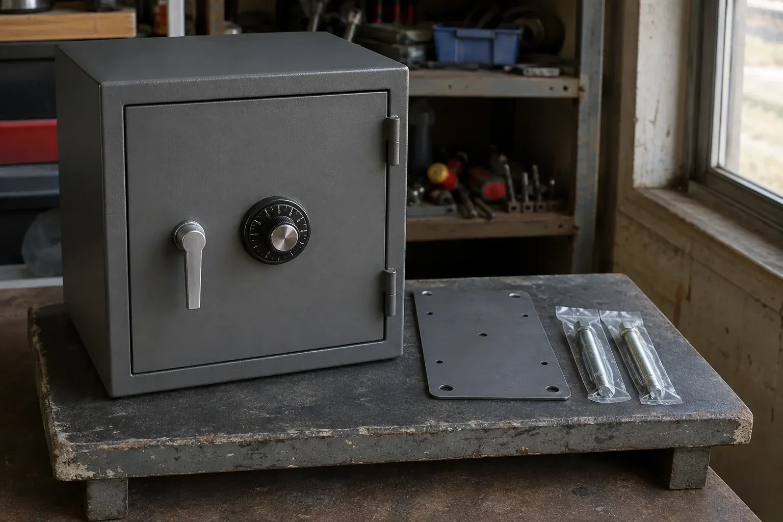 Closed small safe beside a metal plate and packaged fasteners on a workshop bench. — Safe Installation & Servicing, Milton