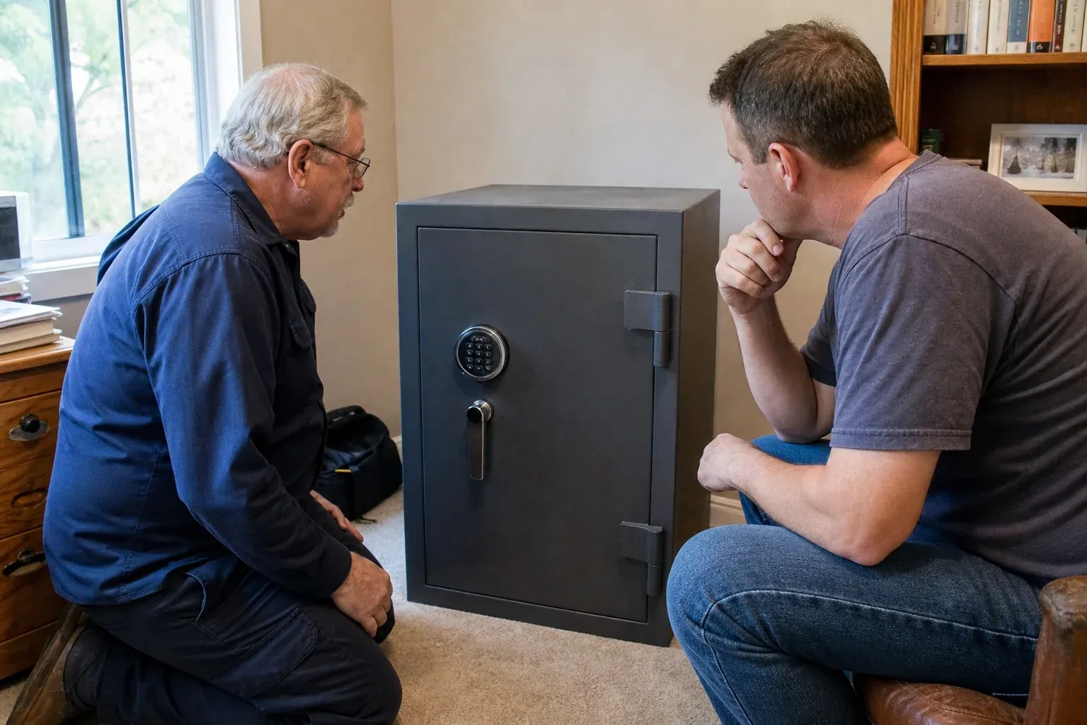 Two adults discussing a closed keypad safe in a home study. — Safe Opening & Combination Change, Milton