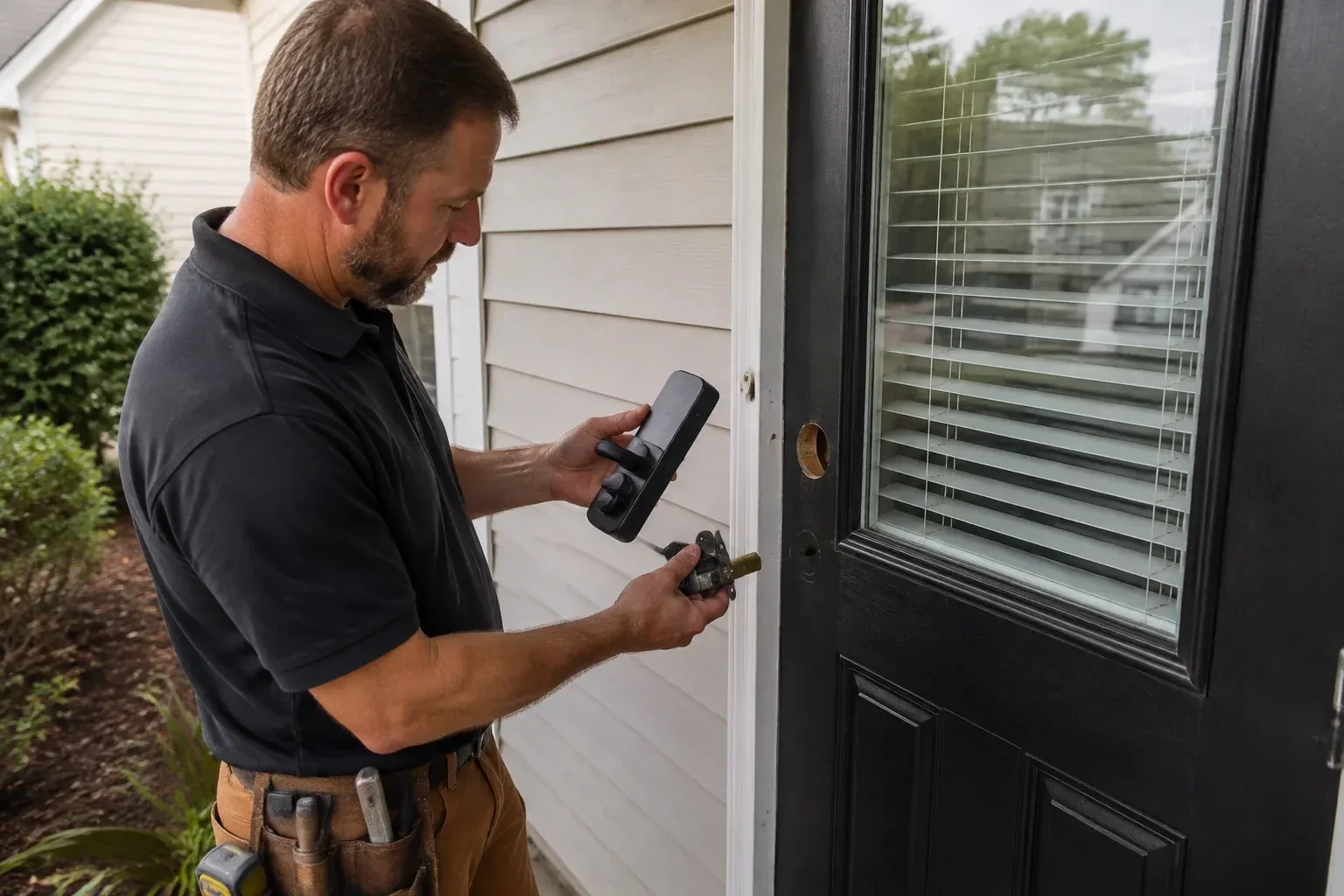 Person holding a black door-handle assembly and a latch beside a glazed door with exposed lock openings. — Smart Lock Installation, Milton