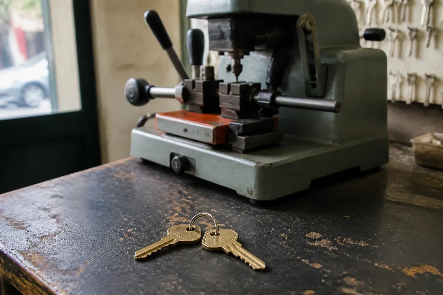 Two brass house keys on a ring resting on a workshop counter. — Spare Car Key Duplication, Milton