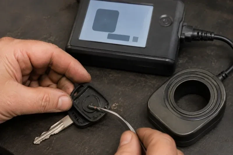 Hands using tweezers at an opened car-key head beside a small electronic unit and a ring-shaped accessory. — Transponder Key Programming, Milton